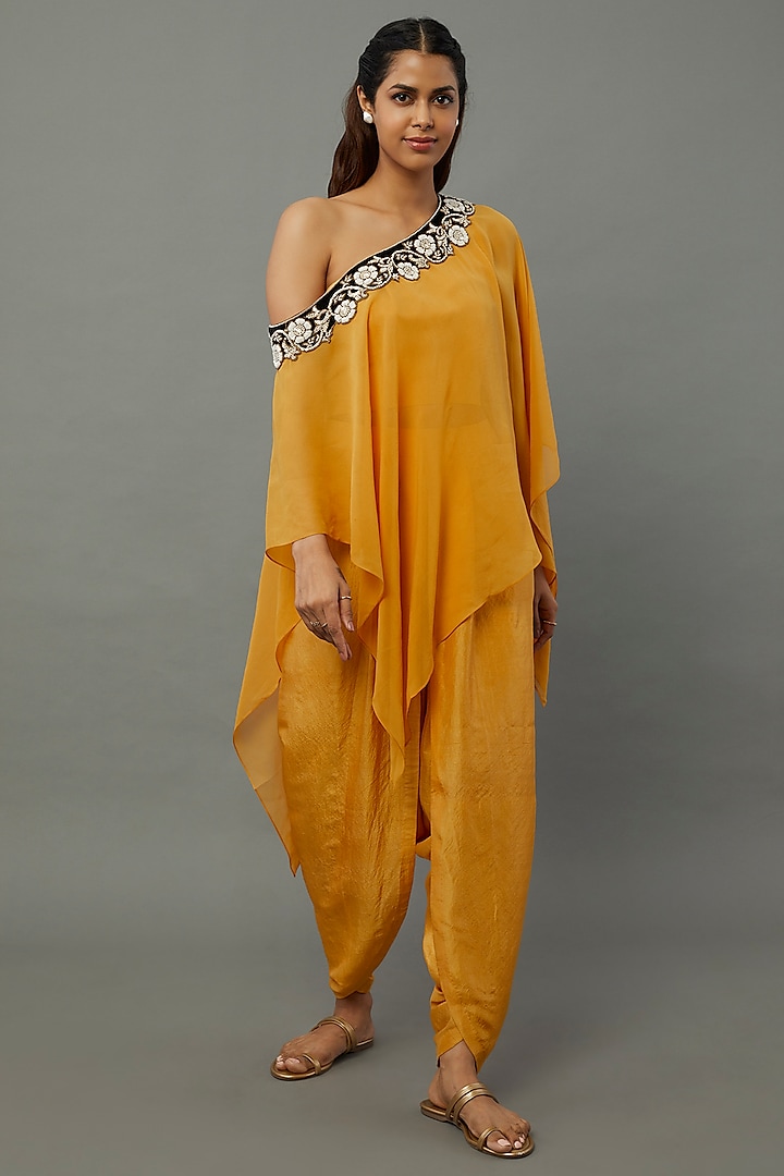 Mustard Embroidered Cape Set by Anand Kabra
