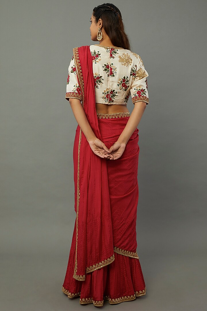 Red Habutai Silk Zardosi & Resham Embroidered Reception Lehenga Saree Set by Anand Kabra at Pernia's Pop Up Shop