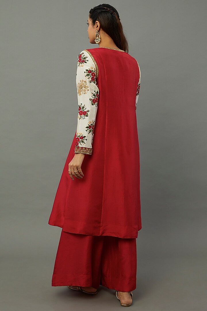 Red Dupion Embroidered Kurta Set by Anand Kabra at Pernia's Pop Up Shop