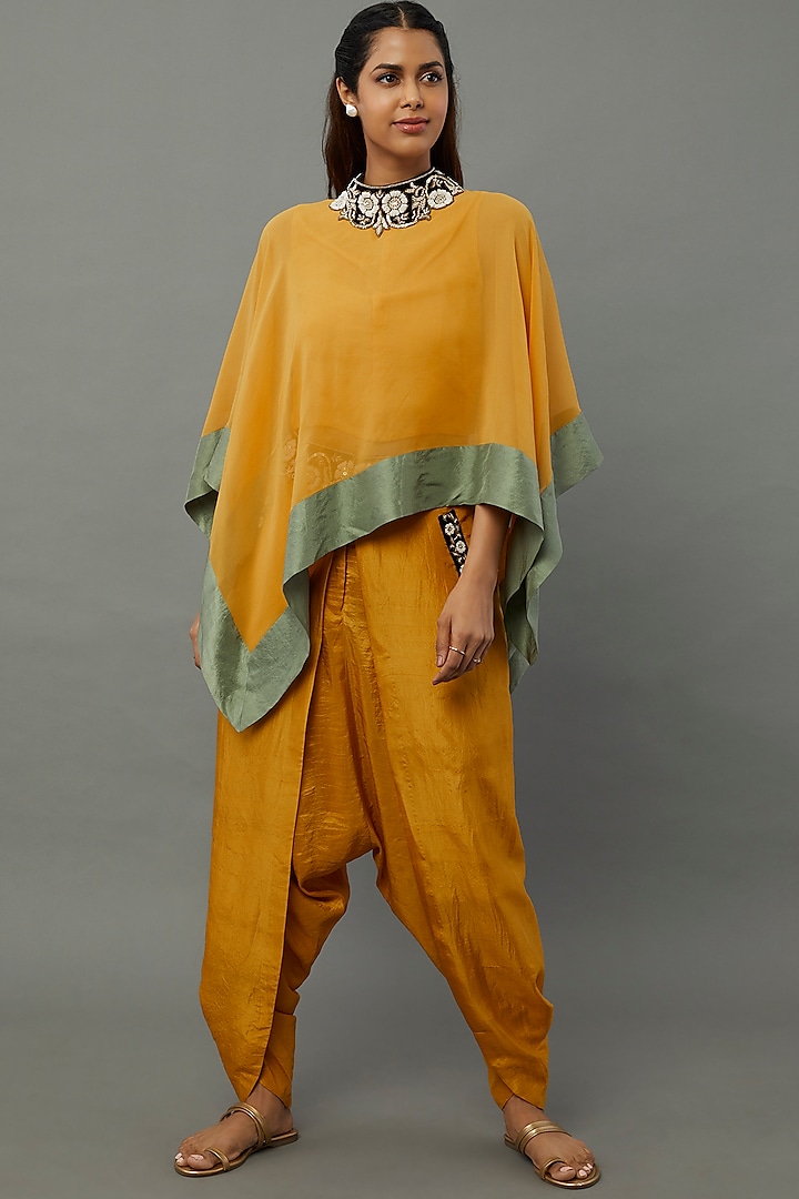 Mustard Yellow Embroidered Cape Set by Anand Kabra