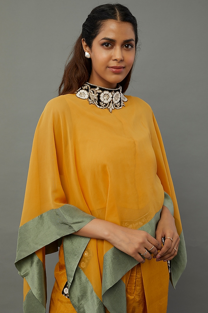 Mustard Yellow Embroidered Cape Set by Anand Kabra at Pernia's Pop Up Shop