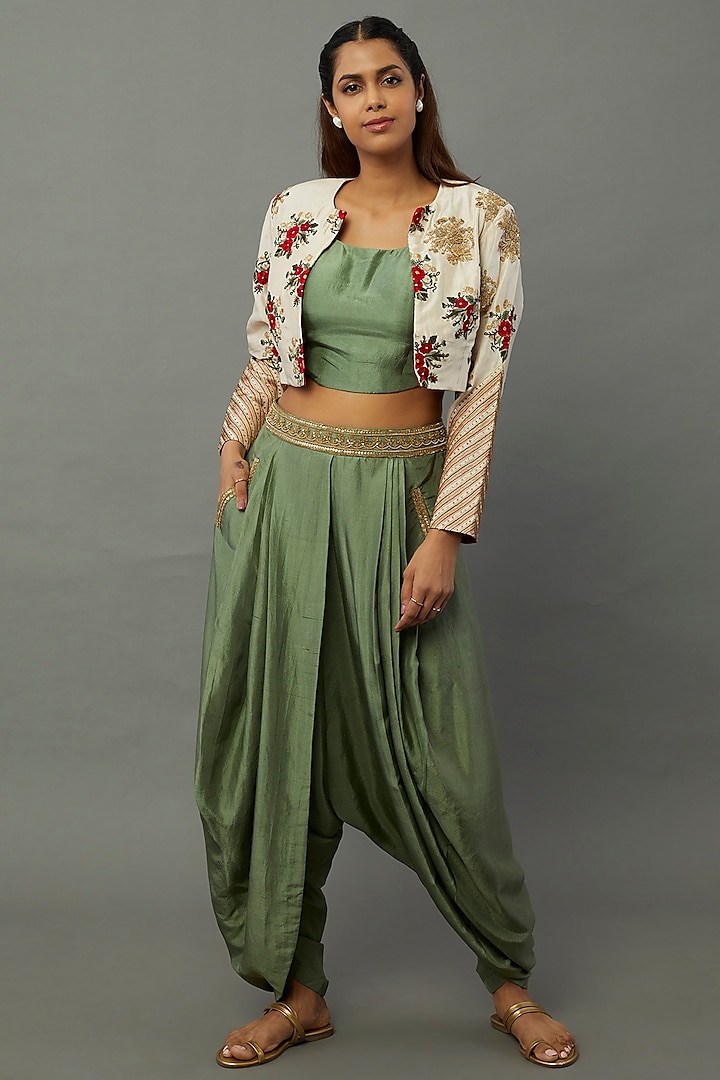 Green Dupion Dhoti Set With Jacket by Anand Kabra