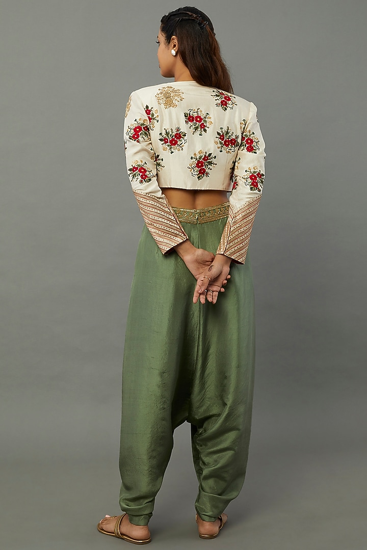 Green Dupion Dhoti Set With Jacket by Anand Kabra at Pernia's Pop Up Shop