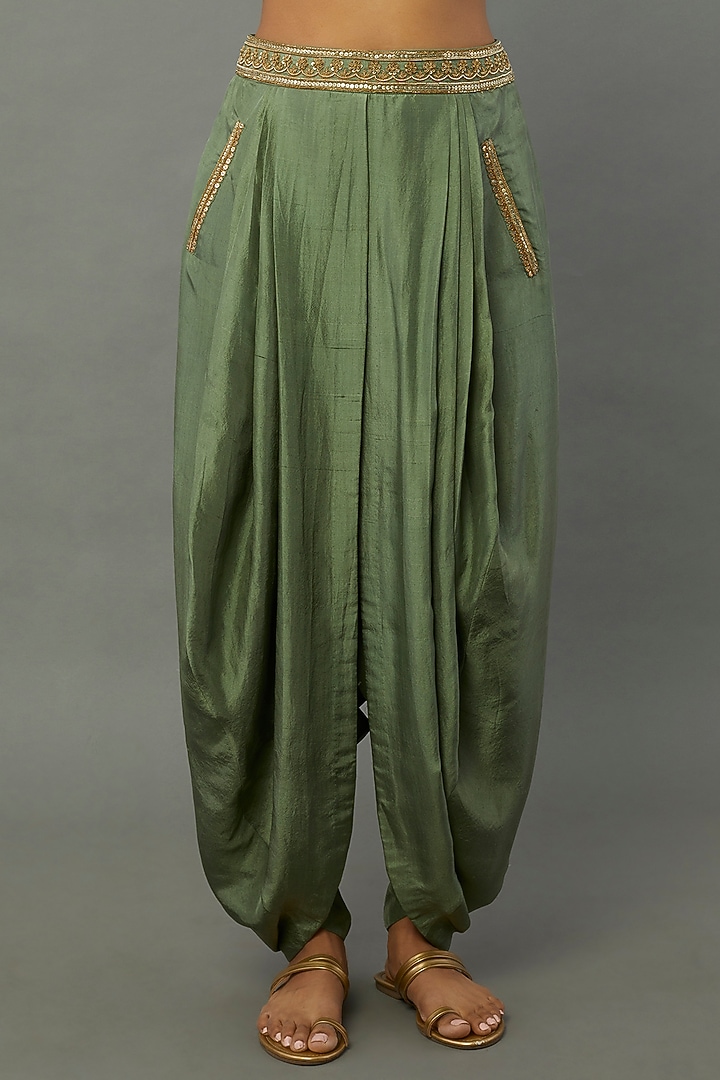 Green Dupion Dhoti Set With Jacket by Anand Kabra at Pernia's Pop Up Shop