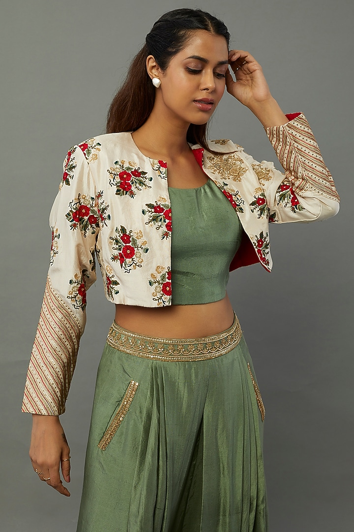Green Dupion Dhoti Set With Jacket by Anand Kabra at Pernia's Pop Up Shop