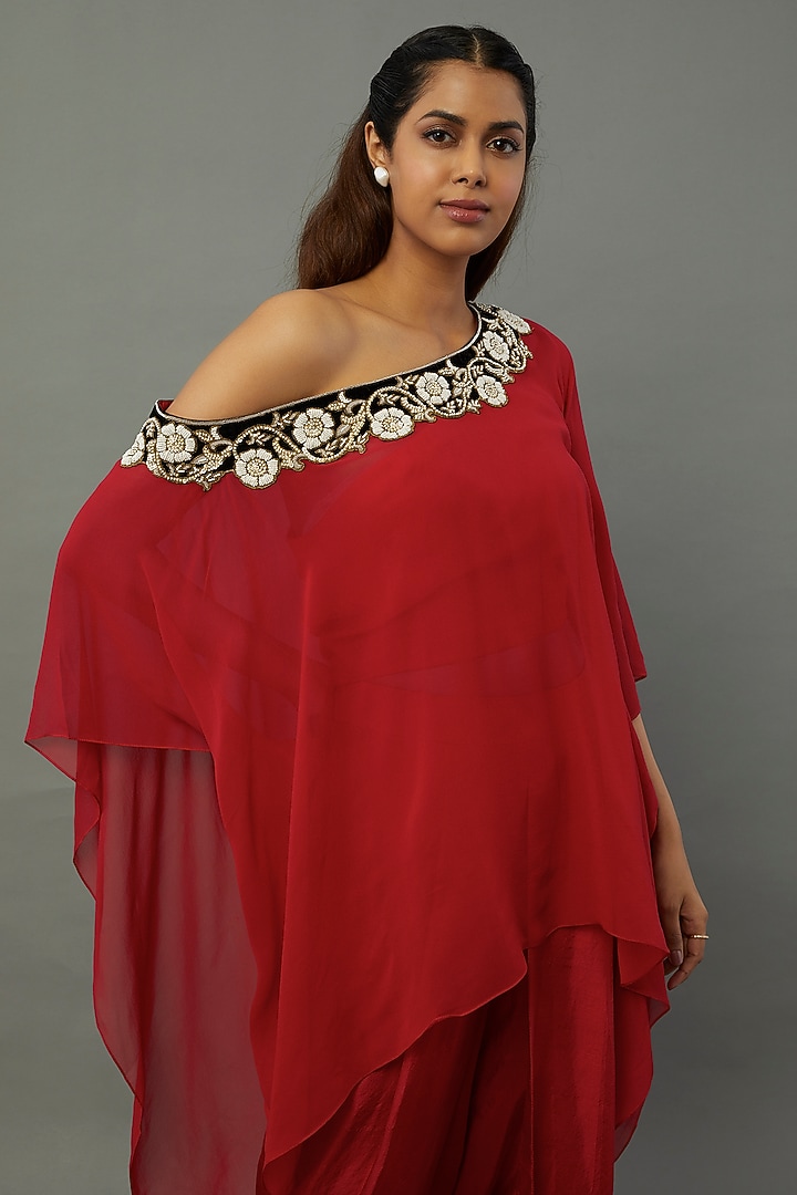 Red Embroidered Cape Set by Anand Kabra at Pernia's Pop Up Shop
