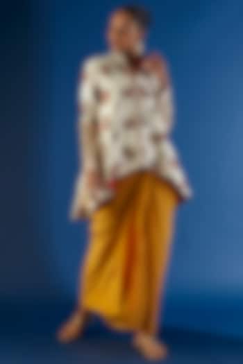 Mustard Habutai Silk Draped Skirt Set by Anand Kabra