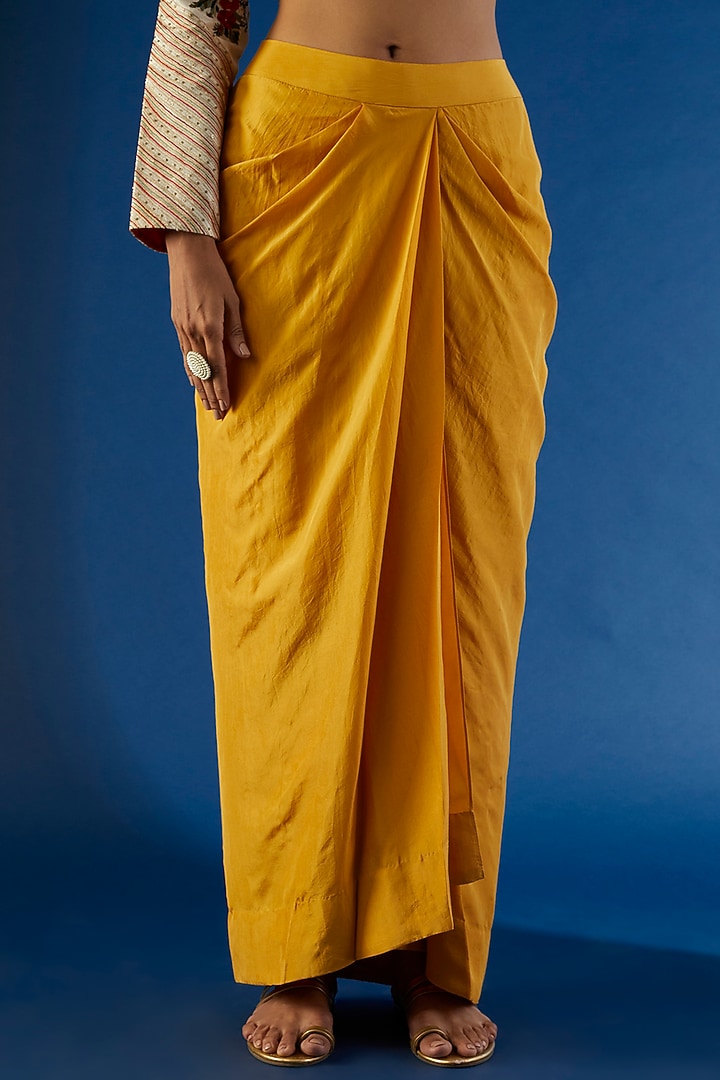 Mustard Habutai Silk Draped Skirt Set by Anand Kabra at Pernia's Pop Up Shop