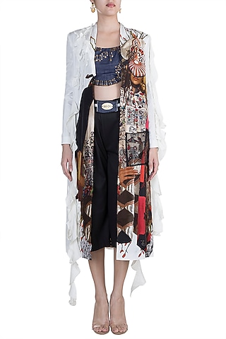 White Printed Jacket With Blue Top & Cropped Pants by Anamika Khanna