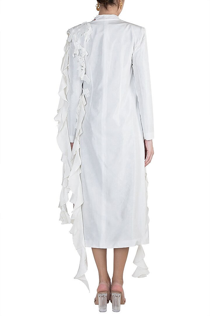 White Printed Jacket With Blue Top & Cropped Pants by Anamika Khanna at Pernia's Pop Up Shop
