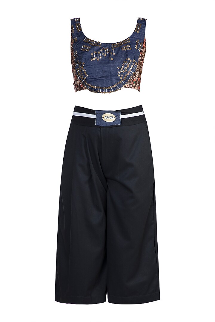 White Printed Jacket With Blue Top & Cropped Pants by Anamika Khanna at Pernia's Pop Up Shop