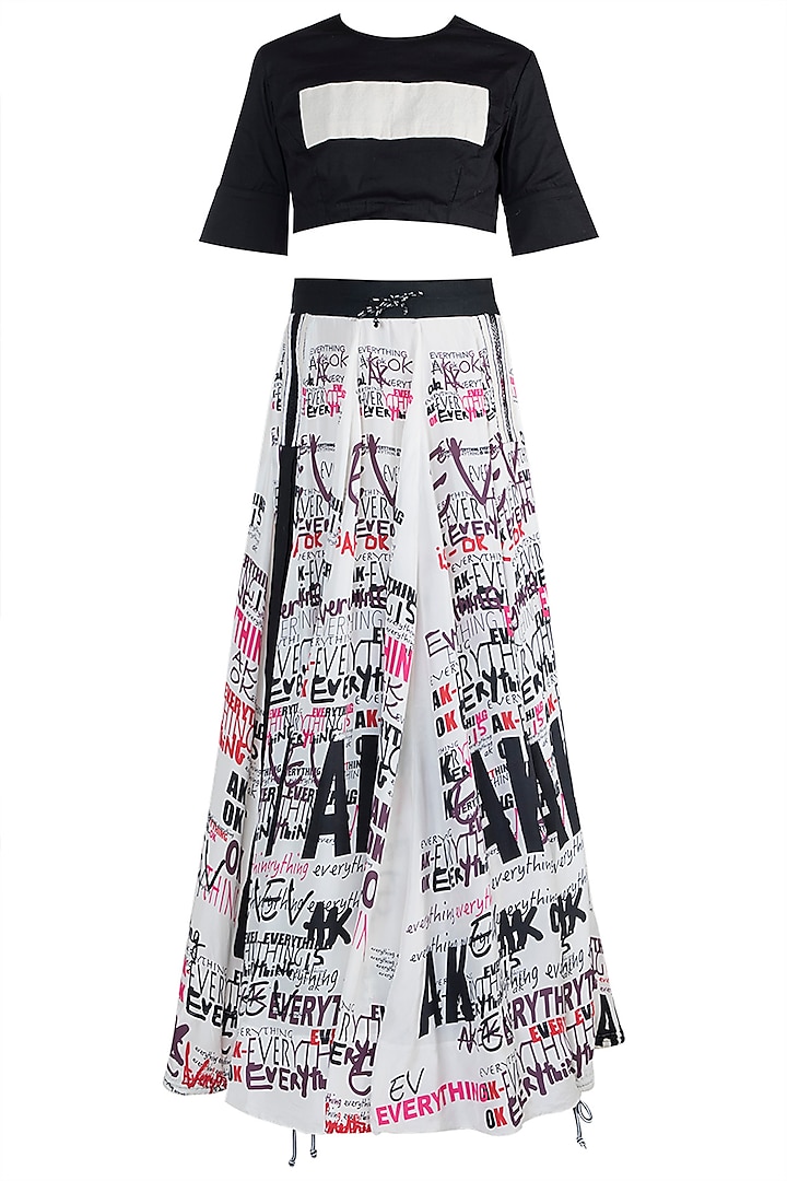 Black & White Top With Printed Skirt & Belt by Anamika Khanna
