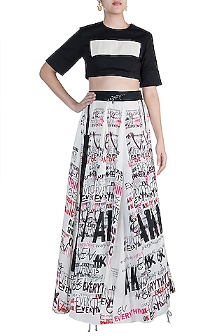 Black & White Top With Printed Skirt & Belt by Anamika Khanna