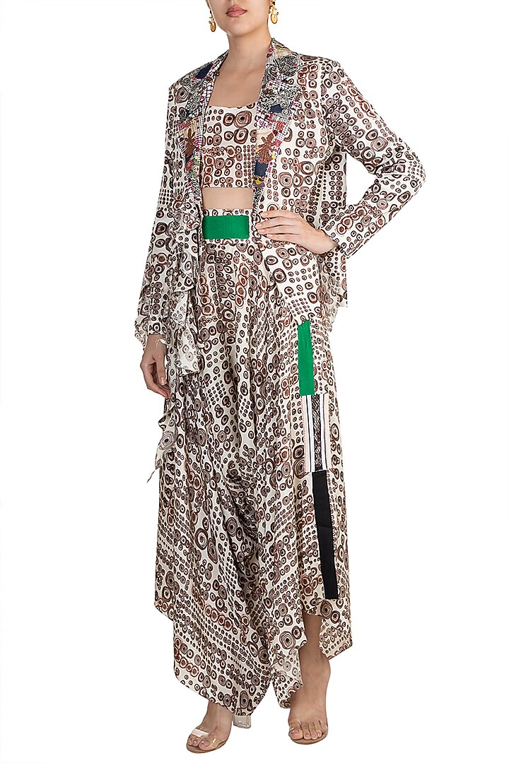 White Printed Decontructed Blazer With Top & Draped Pants by Anamika Khanna at Pernia's Pop Up Shop