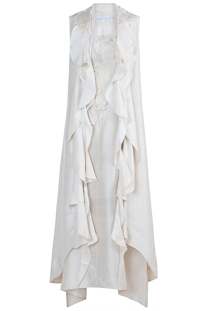 White Jacket With Textured Dress by Anamika Khanna