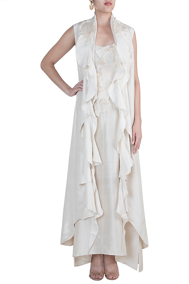 White Jacket With Textured Party Wear Dress by Anamika Khanna at Pernia's Pop Up Shop