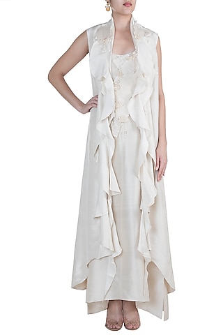 White Jacket With Textured Dress by Anamika Khanna