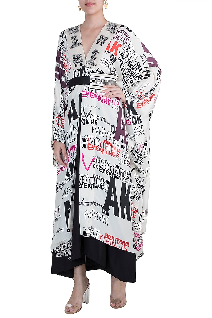 White Printed Kaftan With Nude Skirt & Belt by Anamika Khanna at Pernia's Pop Up Shop