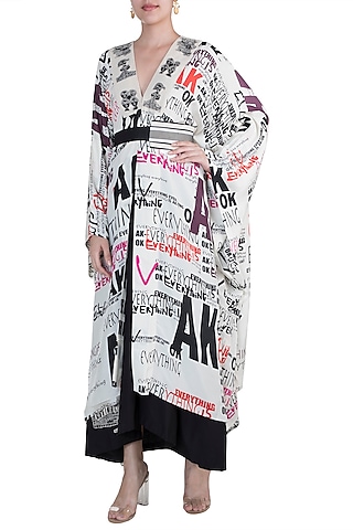 White Printed Kaftan With Nude Skirt & Belt by Anamika Khanna