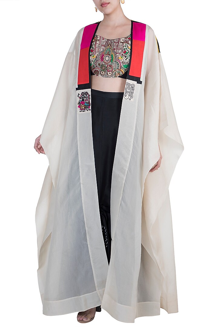 Cream & Black Highlighted Top With Drawstring Skirt & Cape by Anamika Khanna at Pernia's Pop Up Shop