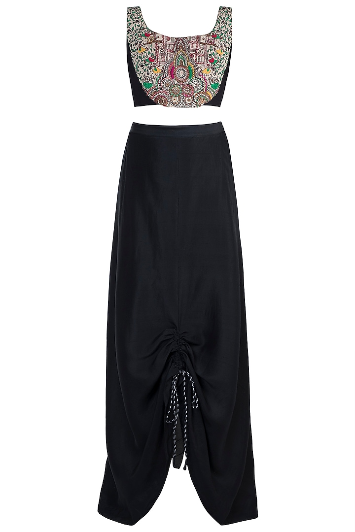 Cream & Black Highlighted Top With Drawstring Skirt & Cape by Anamika Khanna at Pernia's Pop Up Shop