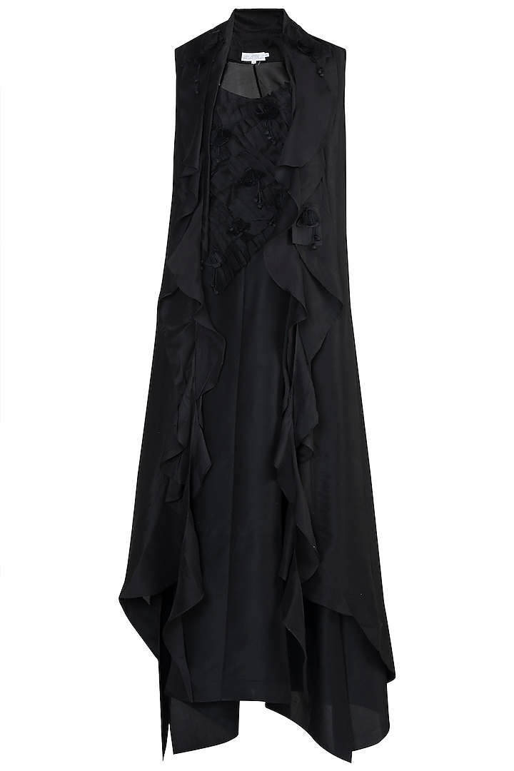 Black Jacket With Textured Embroidered Dress by Anamika Khanna
