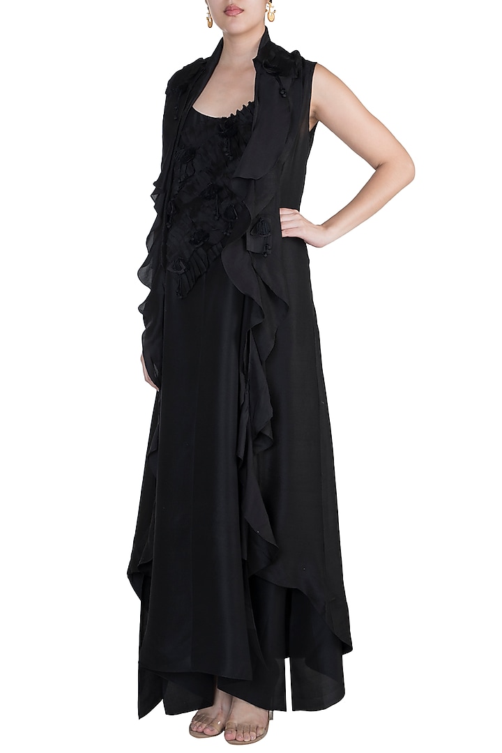 Black Jacket With Textured Embroidered Party Wear Dress by Anamika Khanna at Pernia's Pop Up Shop