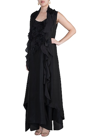 Black Jacket With Textured Embroidered Dress by Anamika Khanna