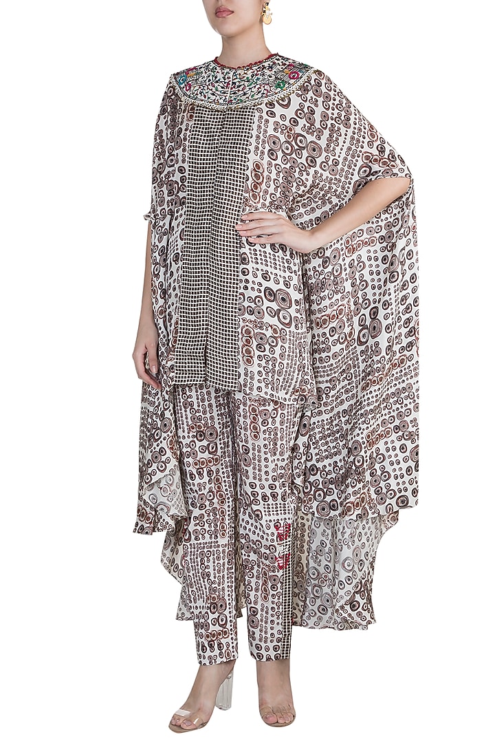 Cream Printed Cape Top With Pants by Anamika Khanna at Pernia's Pop Up Shop