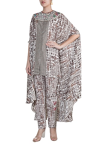 Cream Printed Cape Top With Pants by Anamika Khanna