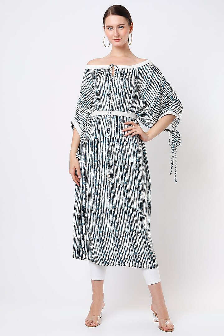 Teal Blue Striped Off-Shoulder Tunic by ANMOL KAKAD