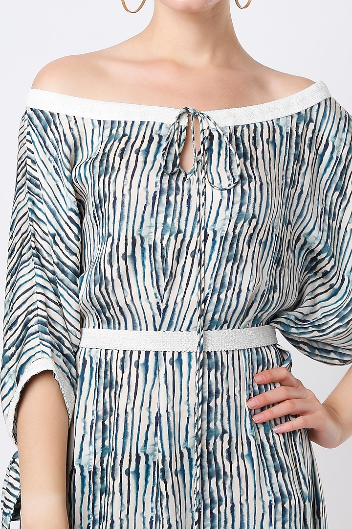 Teal Blue Striped Off-Shoulder Tunic by ANMOL KAKAD at Pernia's Pop Up Shop