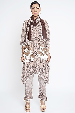 Beige & Brown Natural Crepe Co-Ord Set by ANMOL KAKAD