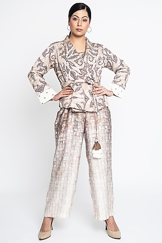 Beige & Brown Linen Jumpsuit With Blazer by ANMOL KAKAD