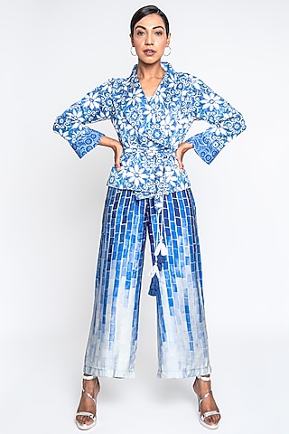 Blue & White Satin Jumpsuit With Blazer by ANMOL KAKAD
