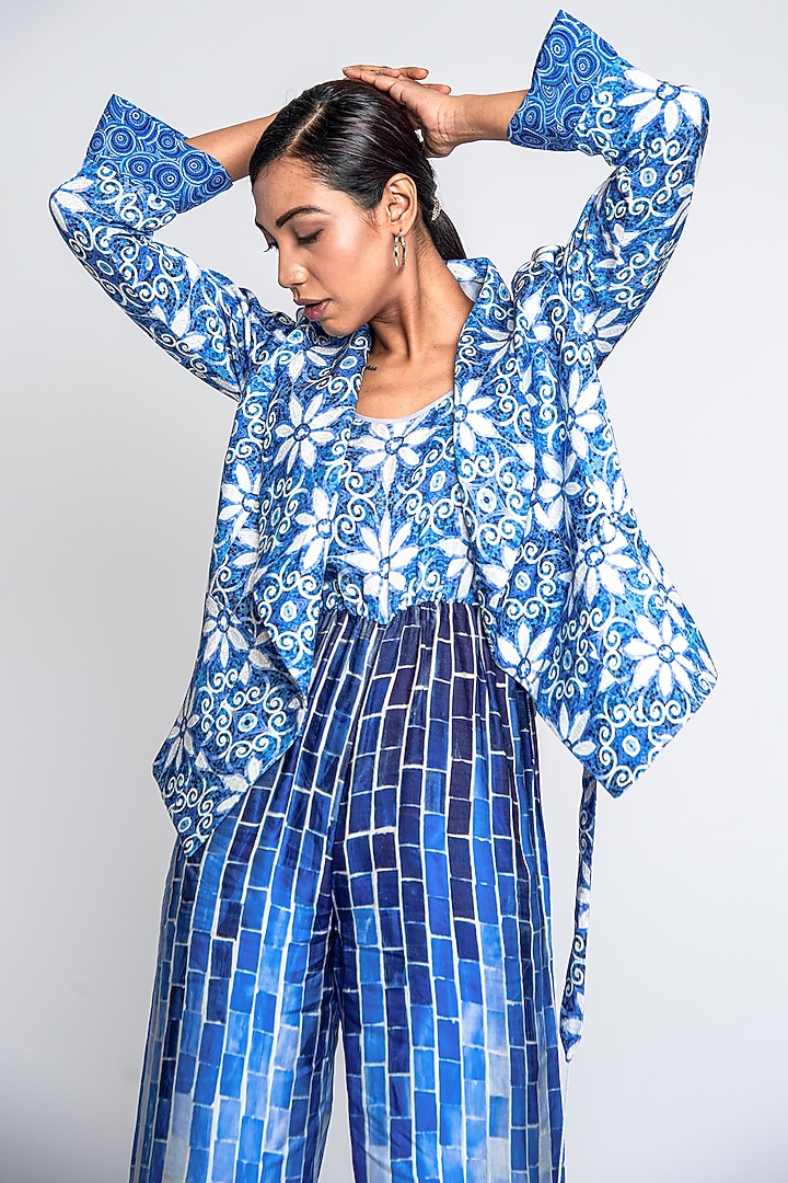 Blue & White Satin Jumpsuit With Blazer by ANMOL KAKAD at Pernia's Pop Up Shop