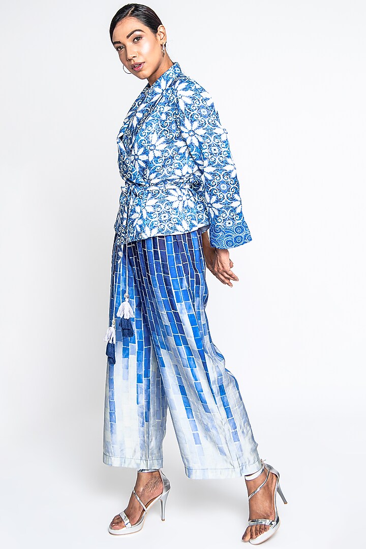 Blue & White Satin Jumpsuit With Blazer by ANMOL KAKAD at Pernia's Pop Up Shop