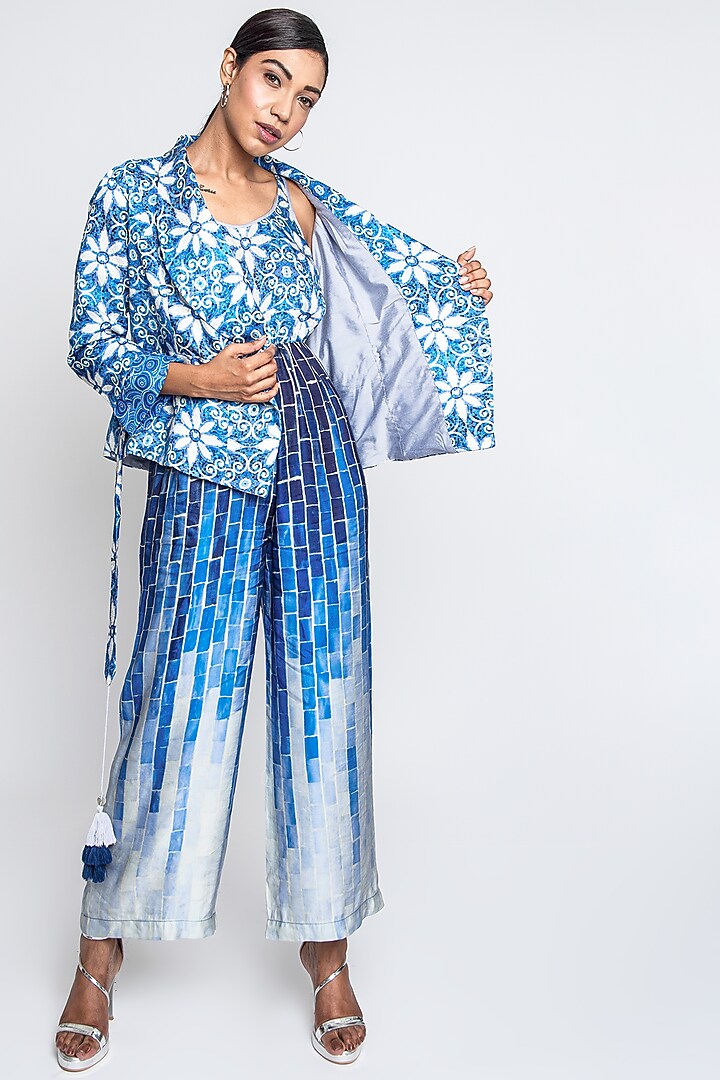 Blue & White Satin Jumpsuit With Blazer by ANMOL KAKAD at Pernia's Pop Up Shop