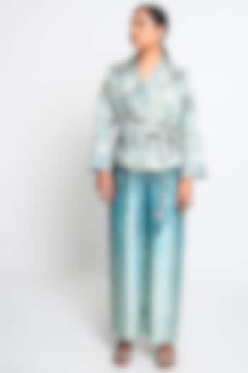 Teal Satin Jumpsuit With Blazer by ANMOL KAKAD