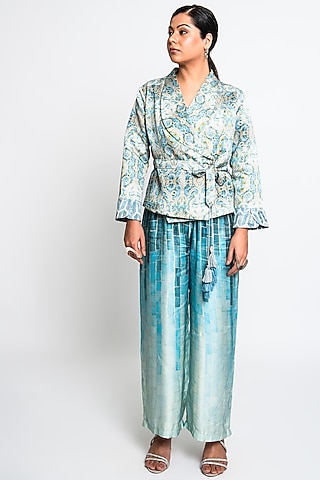 Teal Satin Jumpsuit With Blazer by ANMOL KAKAD