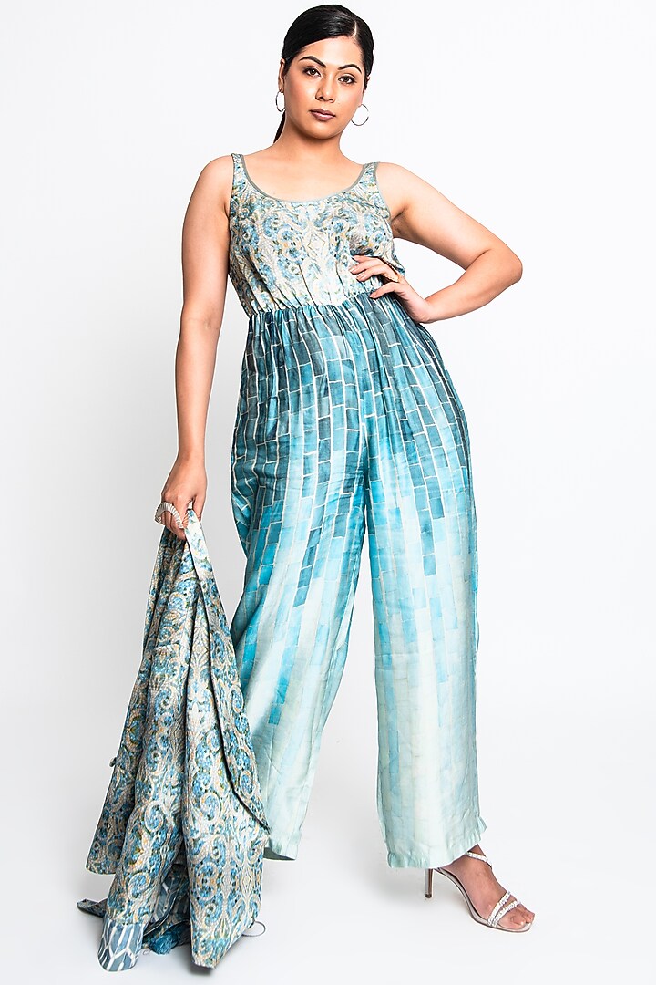 Teal Satin Jumpsuit With Blazer by ANMOL KAKAD at Pernia's Pop Up Shop