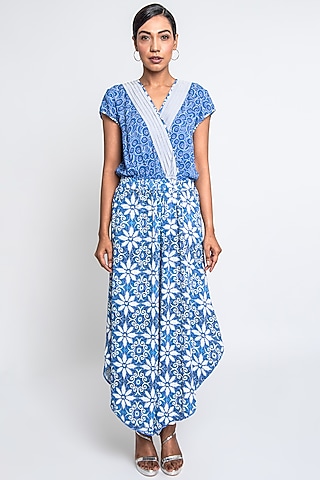 Blue & White Georgette Jumpsuit by ANMOL KAKAD