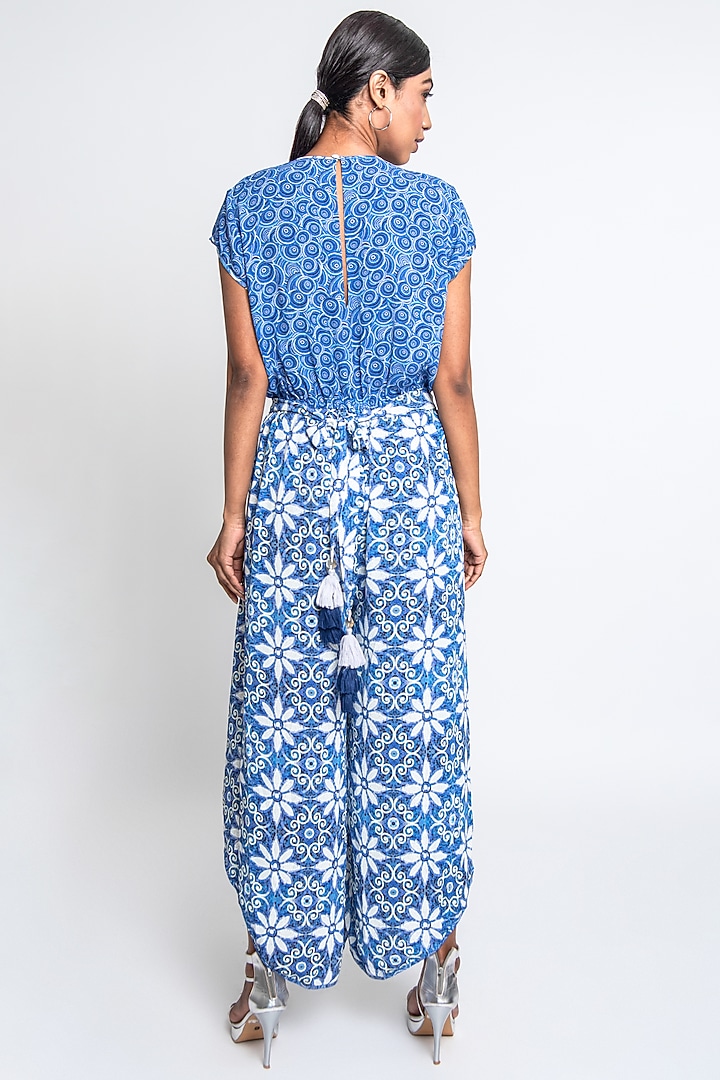 Blue & White Georgette Jumpsuit by ANMOL KAKAD at Pernia's Pop Up Shop