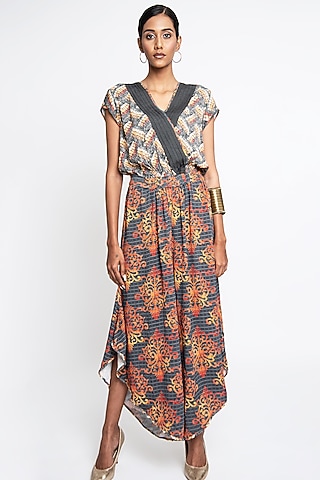 Orange & Grey Georgette Jumpsuit by ANMOL KAKAD