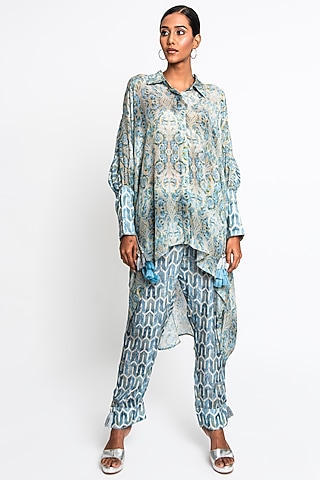 Teal Natural Crepe Co-Ord Set by ANMOL KAKAD