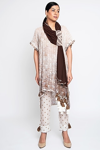Beige & Brown Crepe Embellished Co-Ord Set by ANMOL KAKAD