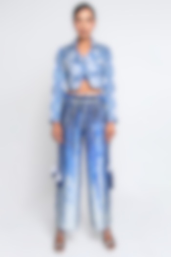 Blue & White Linen Blazer Set by ANMOL KAKAD