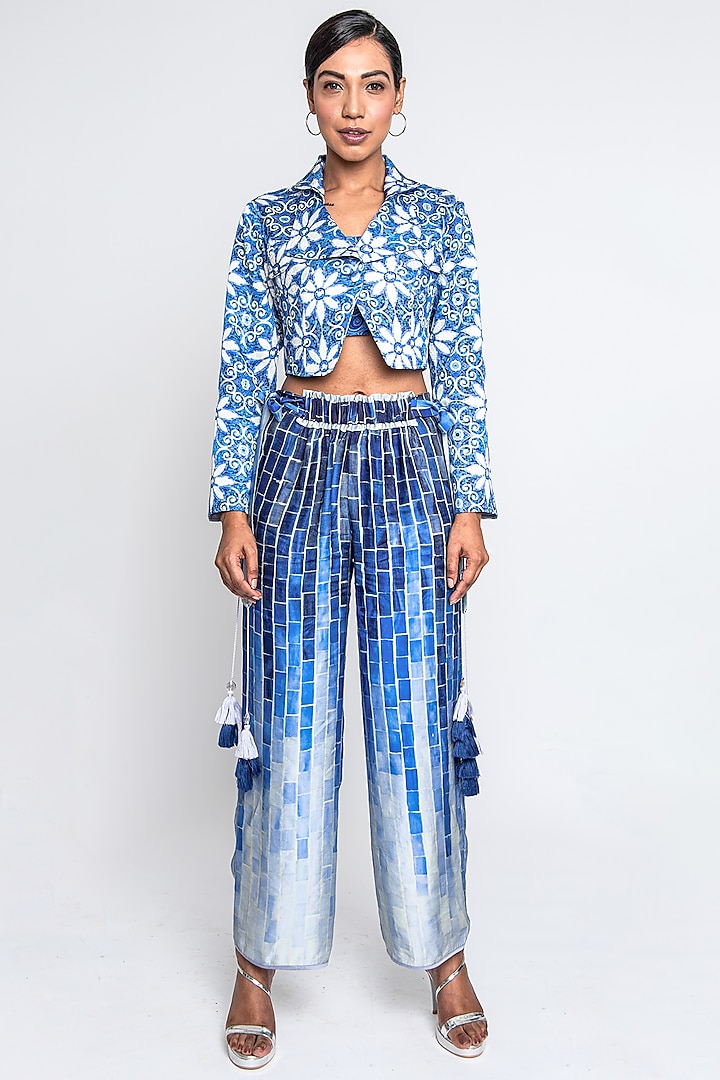 Blue & White Linen Blazer Set by ANMOL KAKAD