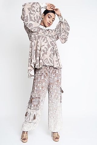 Beige & Brown Double Georgette Co-Ord Set by ANMOL KAKAD