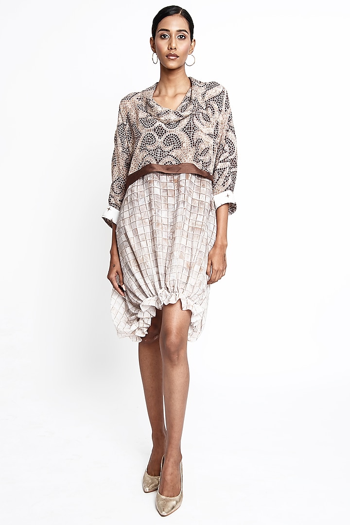 Beige & Brown Natural Crepe Balloon Dress by ANMOL KAKAD